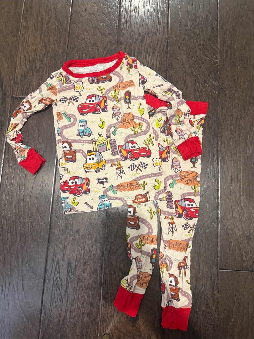 Little Sleepies Cream Car-Print Pajama Set with Red Trim